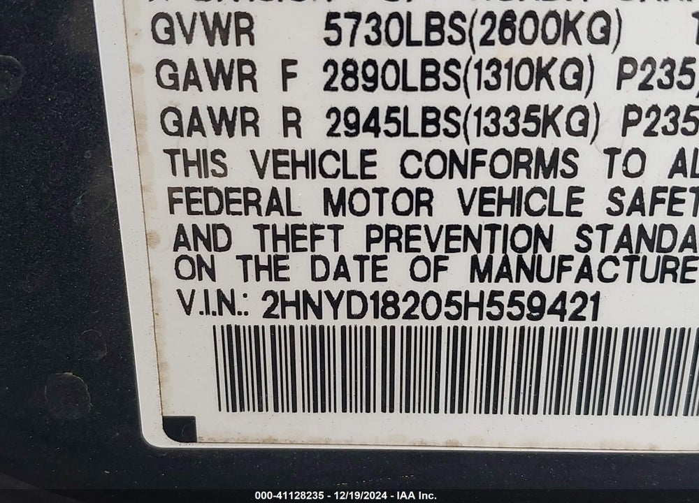 2005 ACURA MDX VIN: 2HNYD18205H559421
