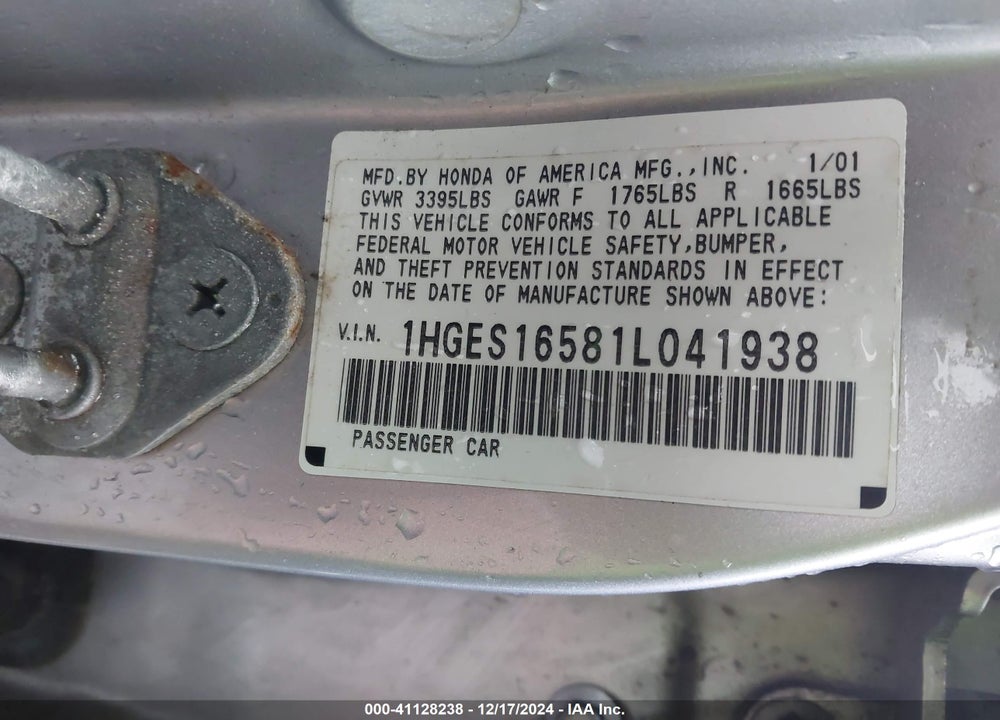 2001 HONDA CIVIC LX VIN: 1HGES16581L041938