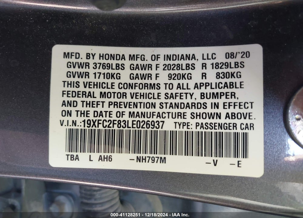 2020 HONDA CIVIC VIN: 19XFC2F83LE026937