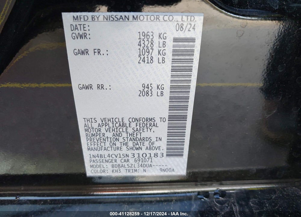 2025 NISSAN ALTIMA SR FWD VIN: 1N4BL4CV1SN310183
