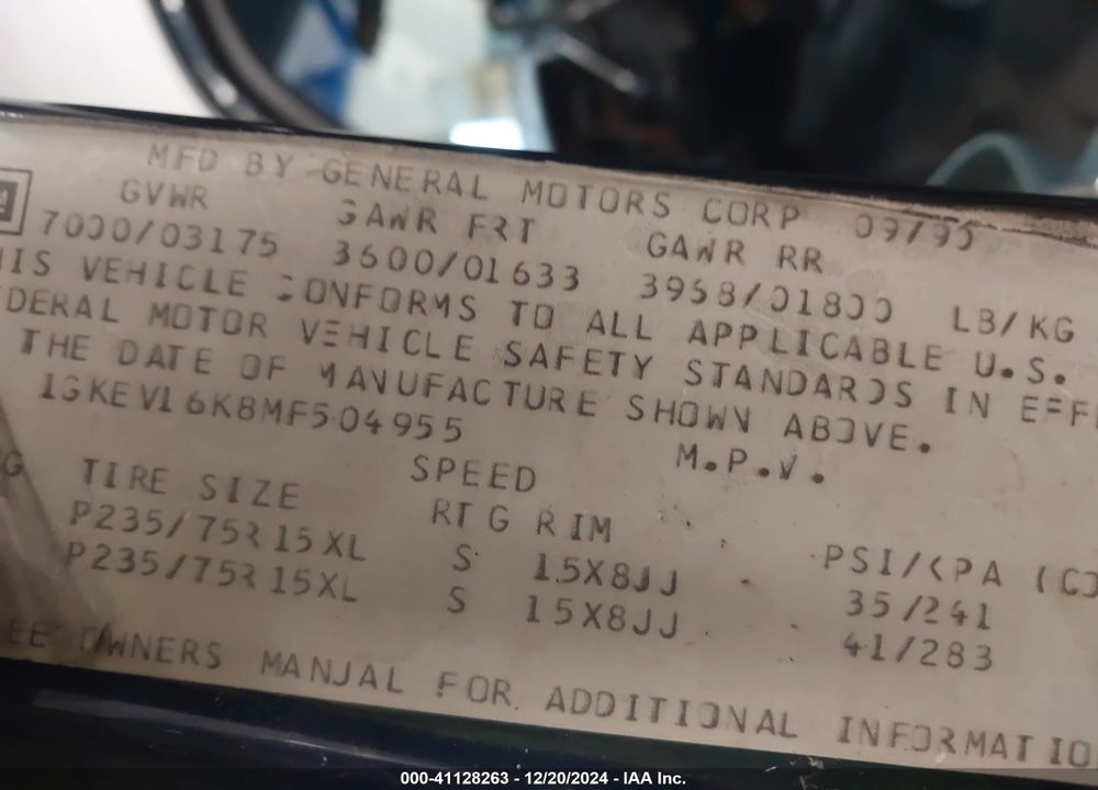 1991 GMC SUBURBAN V15 CONVENTIONAL VIN: 1GKEV16K8MF504955