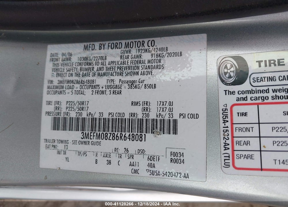 2006 MERCURY MILAN I4 PREMIER VIN: 3MEFM08Z86R648081