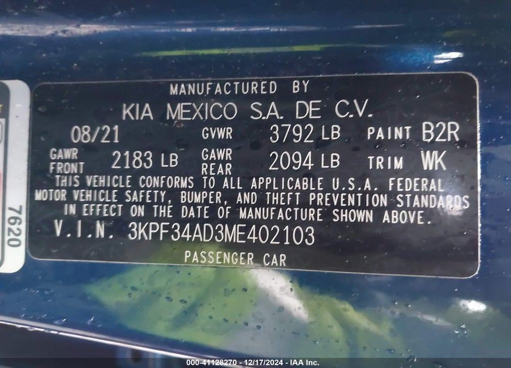 2021 KIA FORTE VIN: 3KPF34AD3ME402103