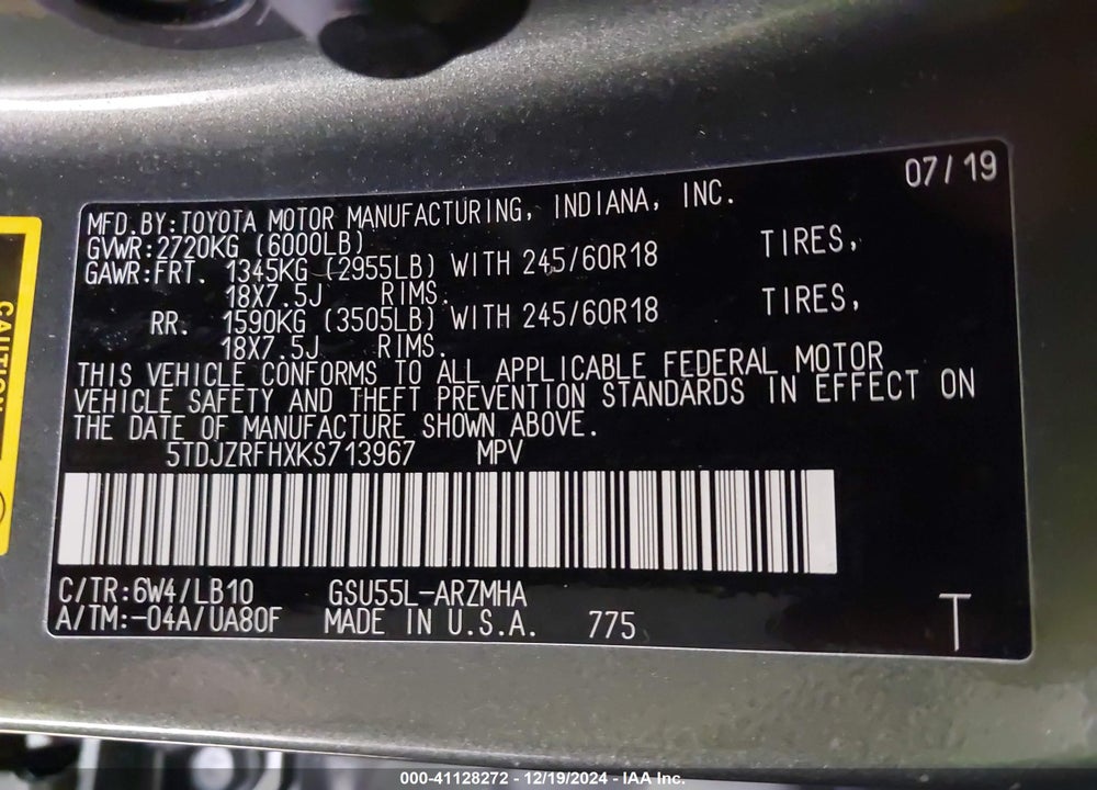 2019 TOYOTA HIGHLANDER XLE VIN: 5TDJZRFHXKS713967