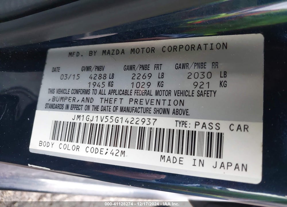 2016 MAZDA MAZDA6 VIN: JM1GJ1V55G1422937