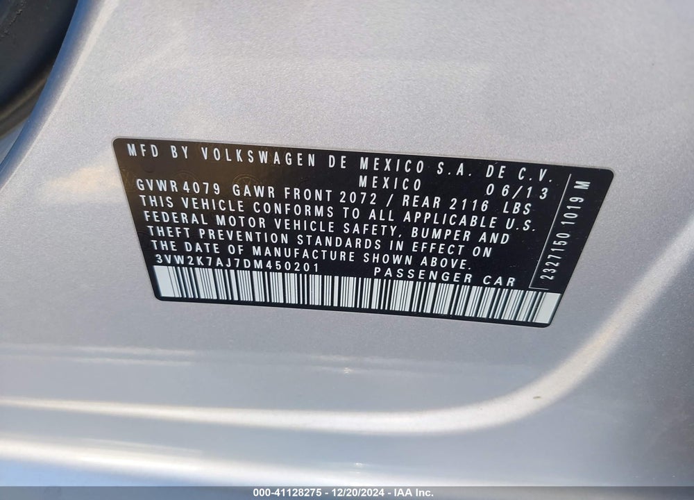 2013 VOLKSWAGEN JETTA 2.0L BASE/2.0L S VIN: 3VW2K7AJ7DM450201