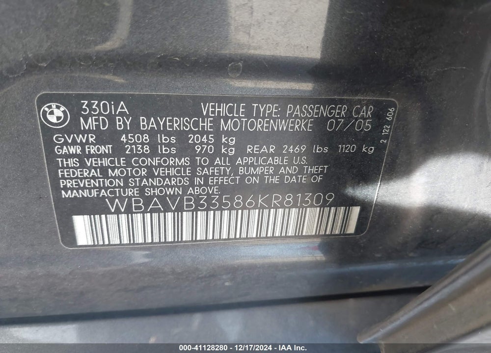 2006 BMW 330I VIN: WBAVB33586KR81309