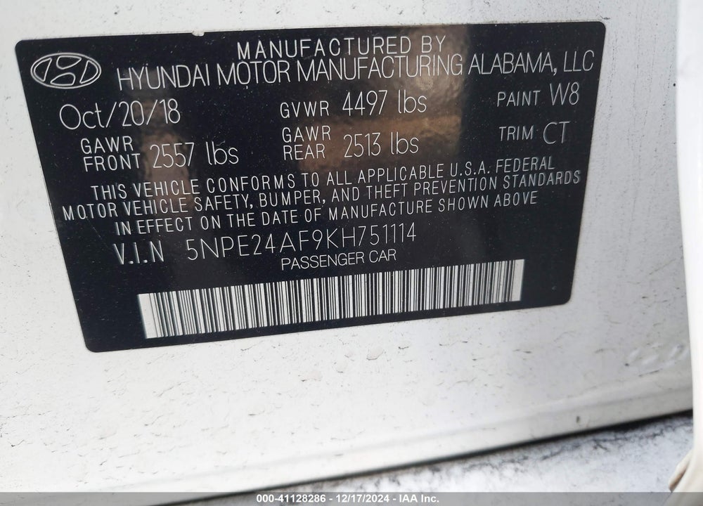 2019 HYUNDAI SONATA VIN: 5NPE24AF9KH751114