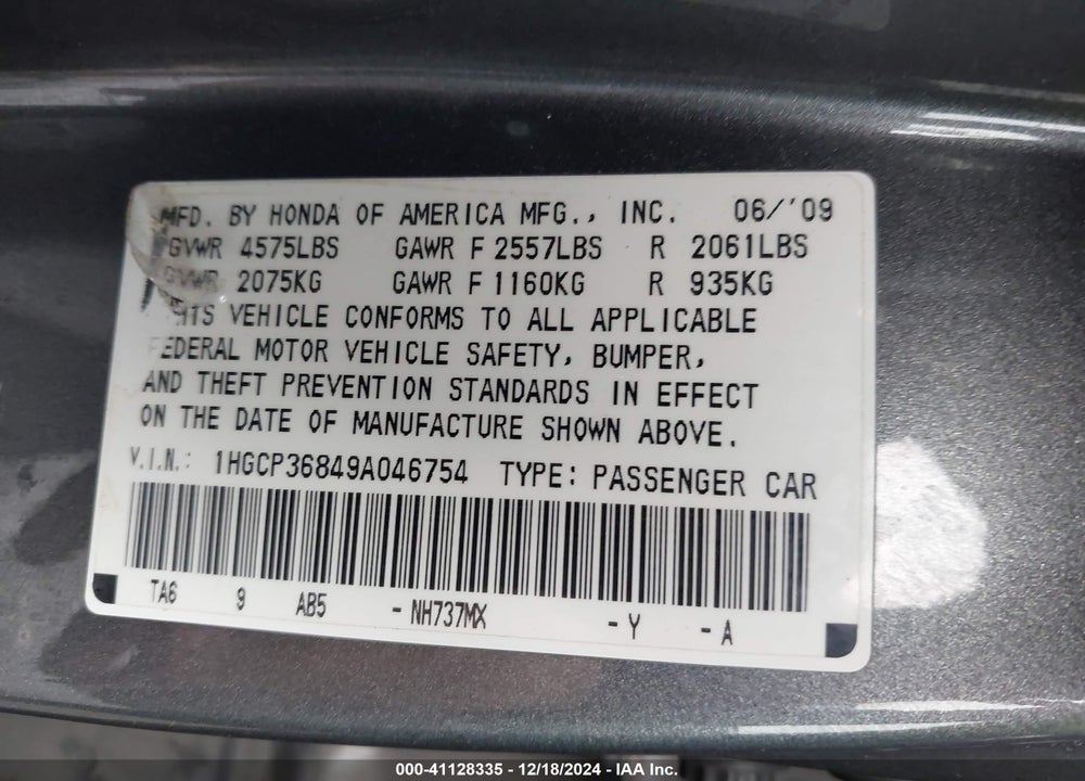 2009 HONDA ACCORD 3.5 EX-L VIN: 1HGCP36849A046754