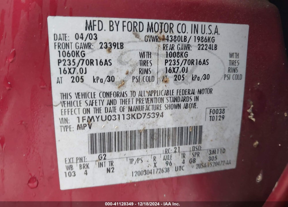 2003 FORD ESCAPE XLT VIN: 1FMYU03113KD75394