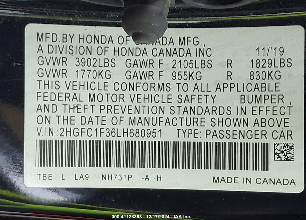 2020 HONDA CIVIC SEDAN VIN: 2HGFC1F36LH680951