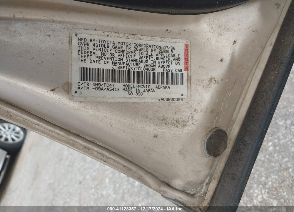 1996 TOYOTA CAMRY LE/XLE/SE VIN: JT2BF12K7T0184006