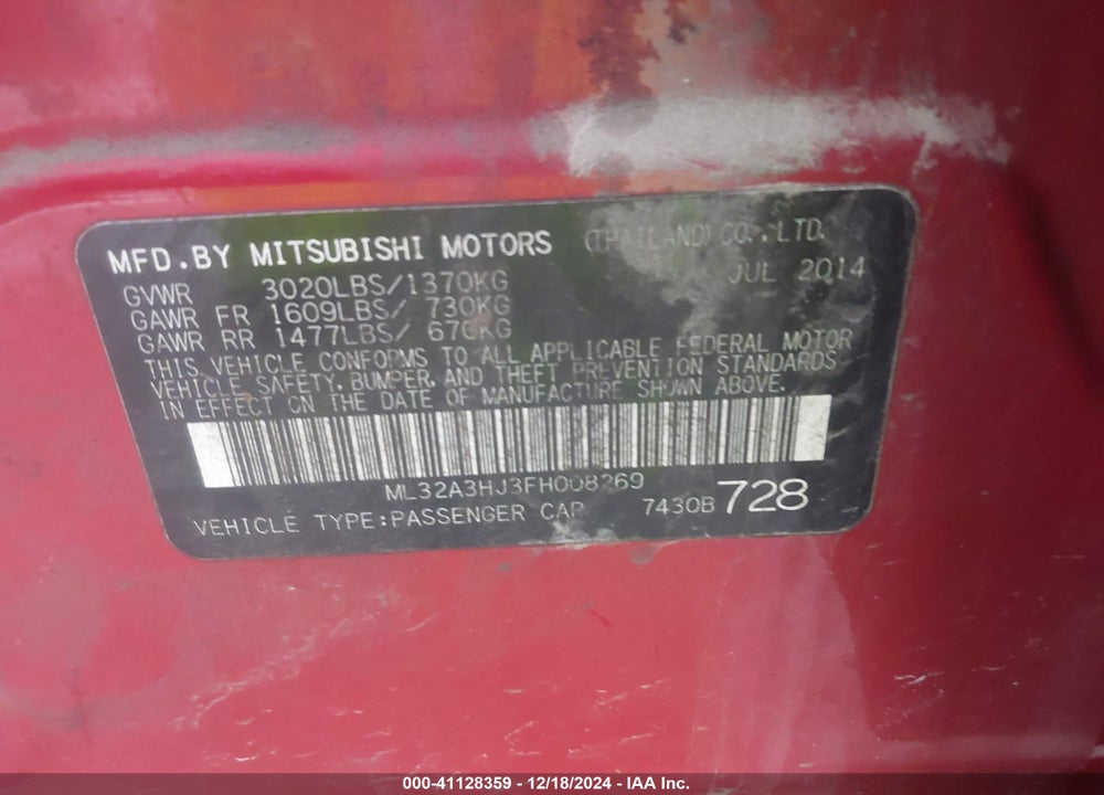 2015 MITSUBISHI MIRAGE DE/RF VIN: ML32A3HJ3FH008269