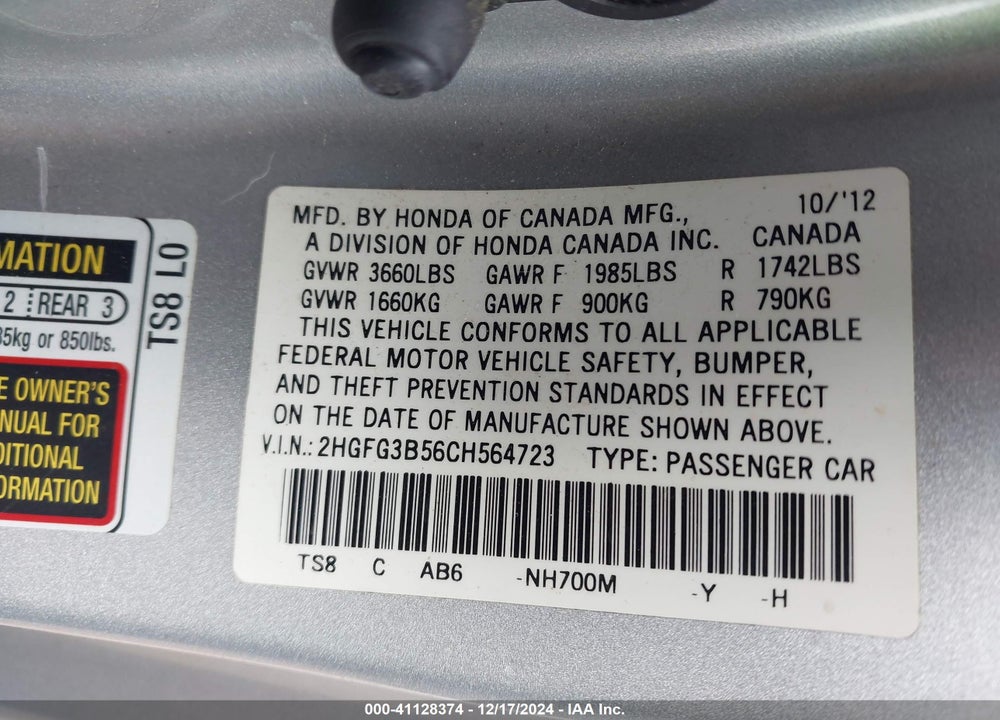 2012 HONDA CIVIC LX VIN: 2HGFG3B56CH564723