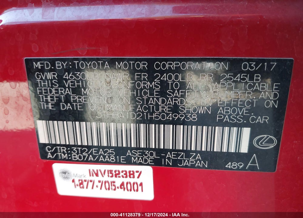 2017 LEXUS IS 200T VIN: JTHBA1D21H5049938