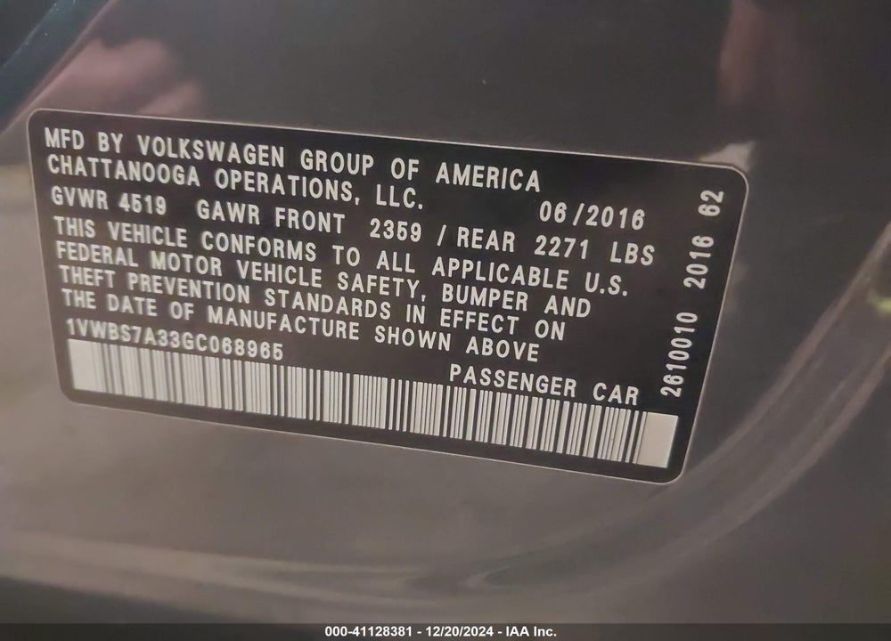 2016 VOLKSWAGEN PASSAT 1.8T SE VIN: 1VWBS7A33GC068965