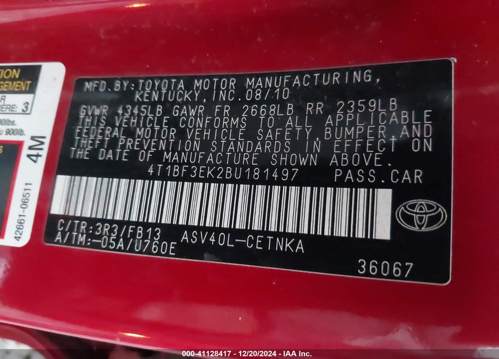 2011 TOYOTA CAMRY VIN: 4T1BF3EK2BU181497