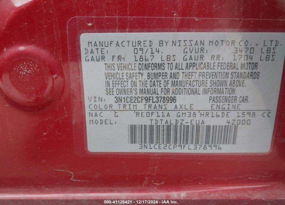 2015 NISSAN VERSA NOTE S (SR)/S PLUS/SL/SR/SV VIN: 3N1CE2CP9FL378996