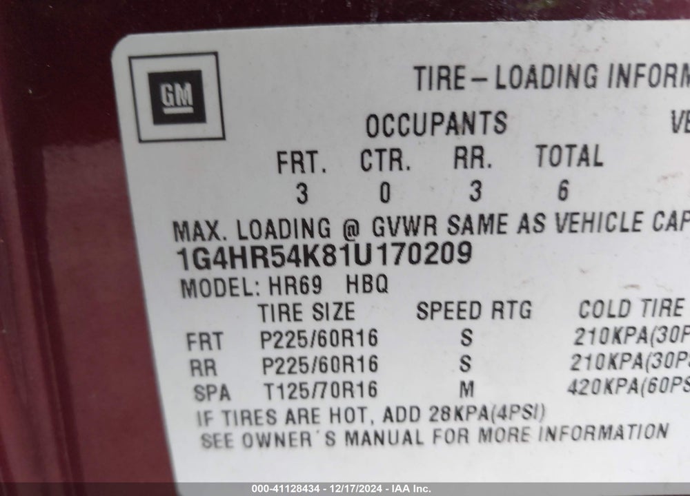 2001 BUICK LESABRE LIMITED VIN: 1G4HR54K81U170209