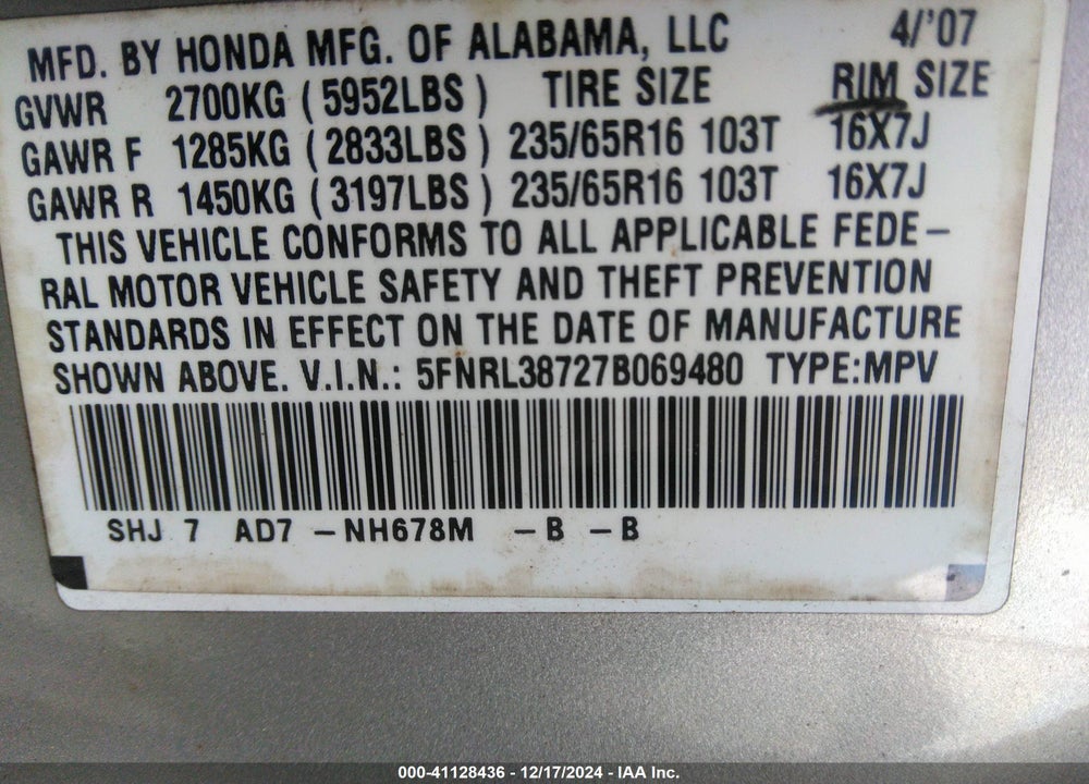 2007 HONDA ODYSSEY EX-L VIN: 5FNRL38727B069480
