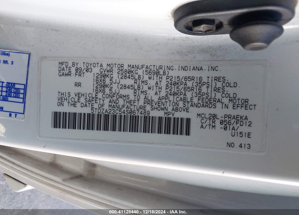2004 TOYOTA SIENNA CE VIN: 5TDZA23C54S067489