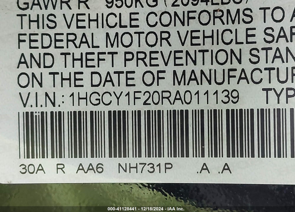 2024 HONDA ACCORD LX VIN: 1HGCY1F20RA011139