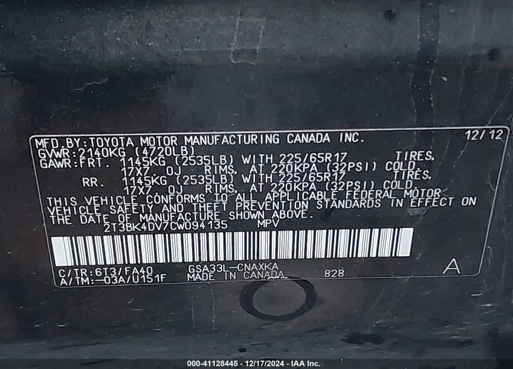 2012 TOYOTA RAV4 BASE V6 VIN: 2T3BK4DV7CW094135