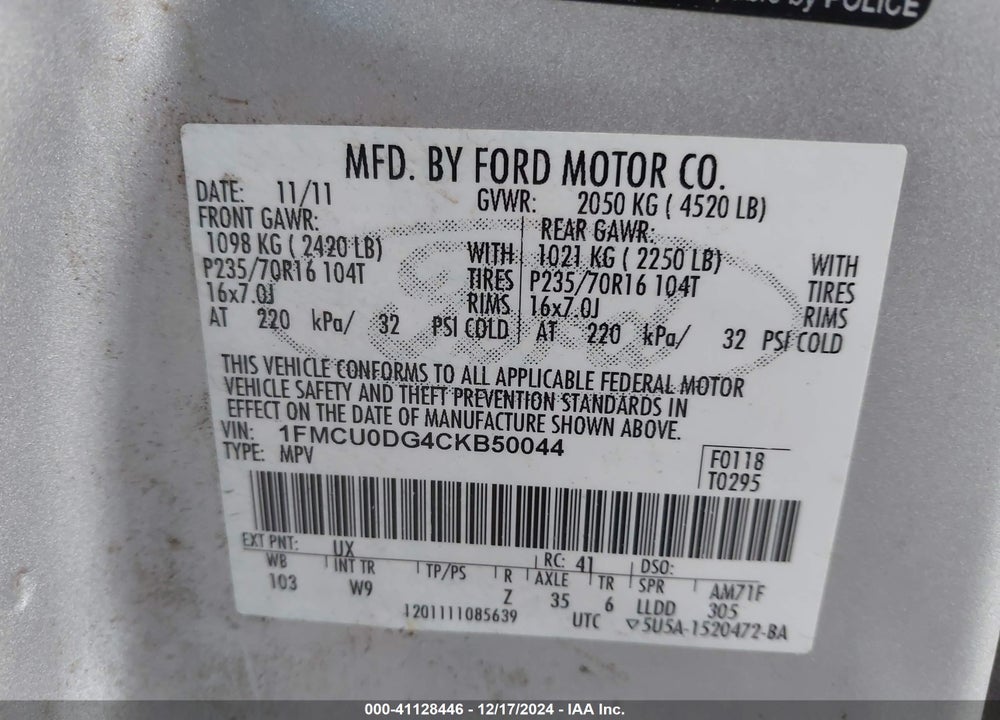 2012 FORD ESCAPE XLT VIN: 1FMCU0DG4CKB50044