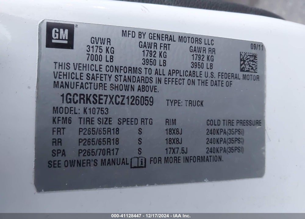 2012 CHEVROLET SILVERADO 1500 LT VIN: 1GCRKSE7XCZ126059