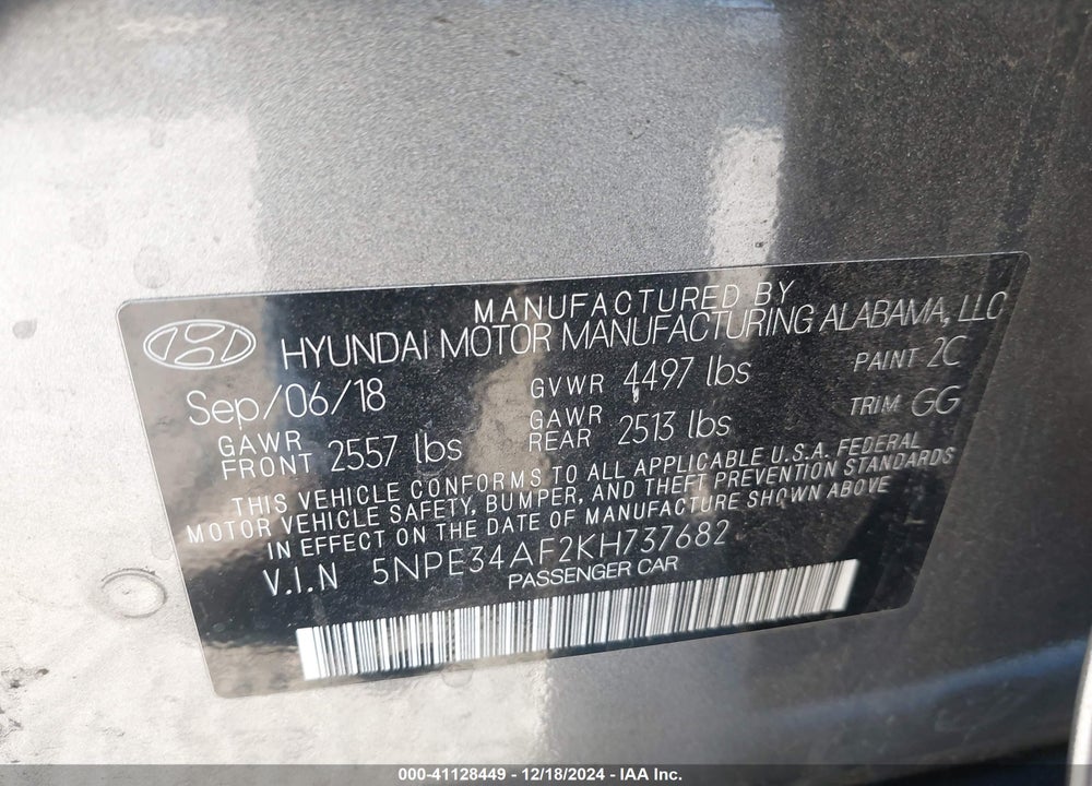 2019 HYUNDAI SONATA SEL VIN: 5NPE34AF2KH737682