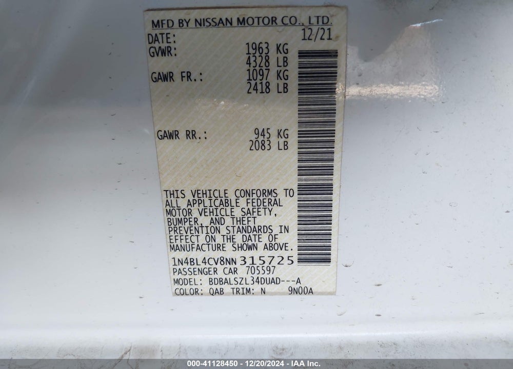 2022 NISSAN ALTIMA VIN: 1N4BL4CV8NN315725