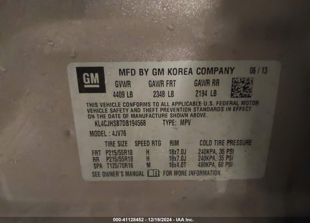 2013 BUICK ENCORE PREMIUM VIN: KL4CJHSB7DB194568