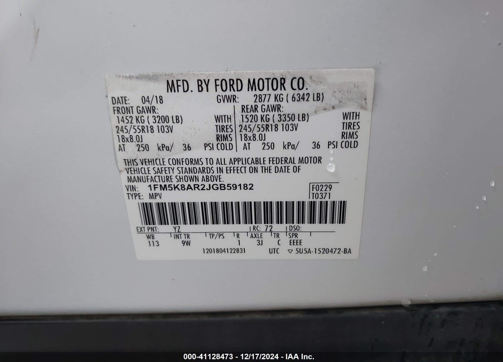 2018 FORD POLICE INTERCEPTOR VIN: 1FM5K8AR2JGB59182
