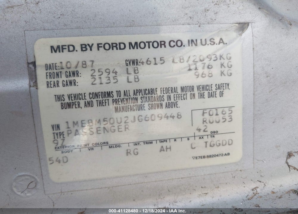 1988 MERCURY SABLE GS VIN: 1MEBM50U2JG609448