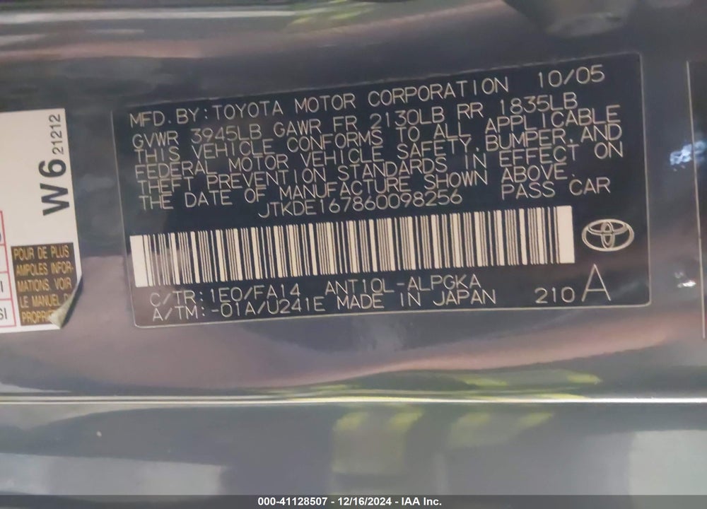 2006 SCION TC VIN: JTKDE167860098256