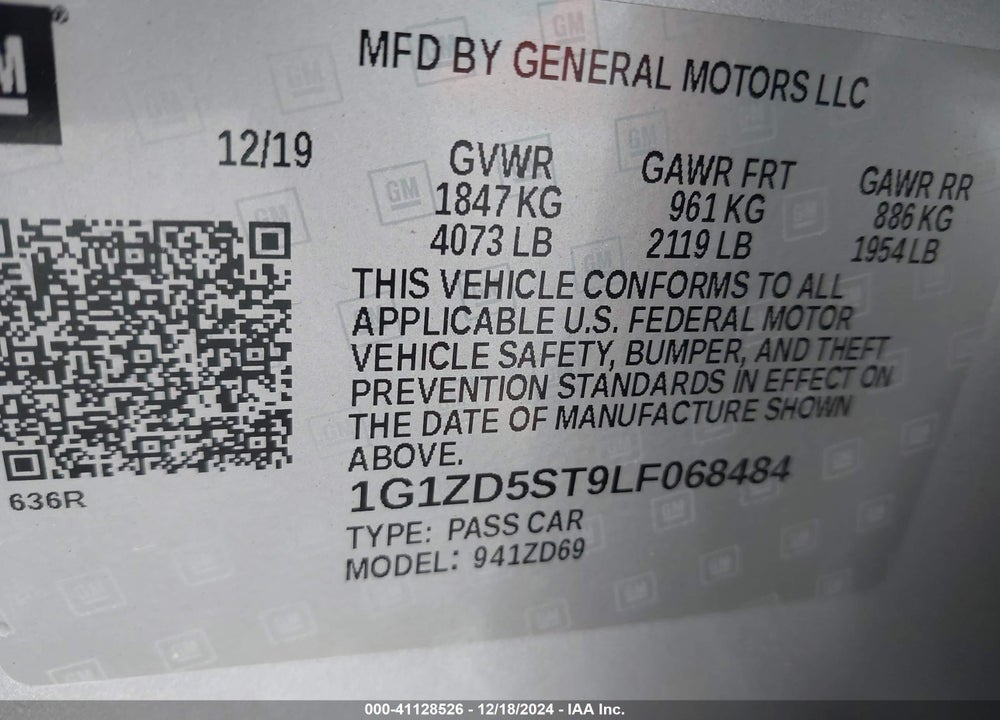 2020 CHEVROLET MALIBU FWD LT VIN: 1G1ZD5ST9LF068484