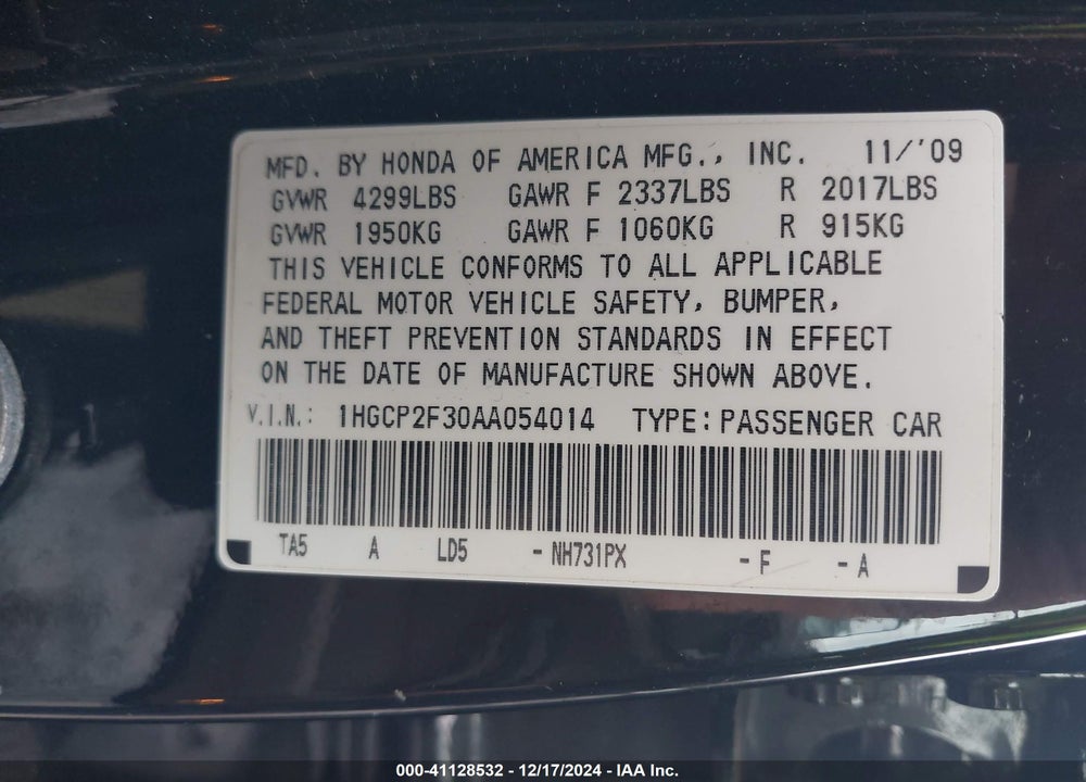 2010 HONDA ACCORD 2.4 LX VIN: 1HGCP2F30AA054014