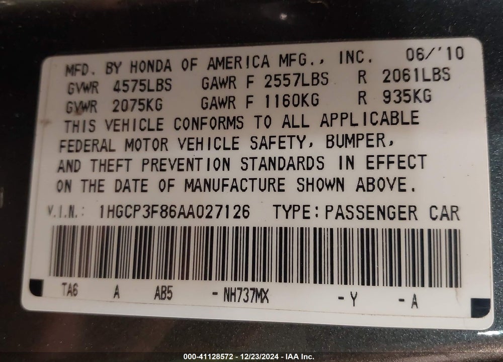 2010 HONDA ACCORD 3.5 EX-L VIN: 1HGCP3F86AA027126