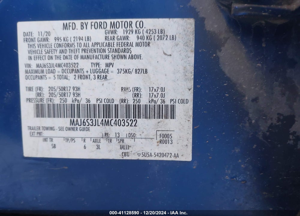 2021 FORD ECOSPORT SES VIN: MAJ6S3JL4MC403522