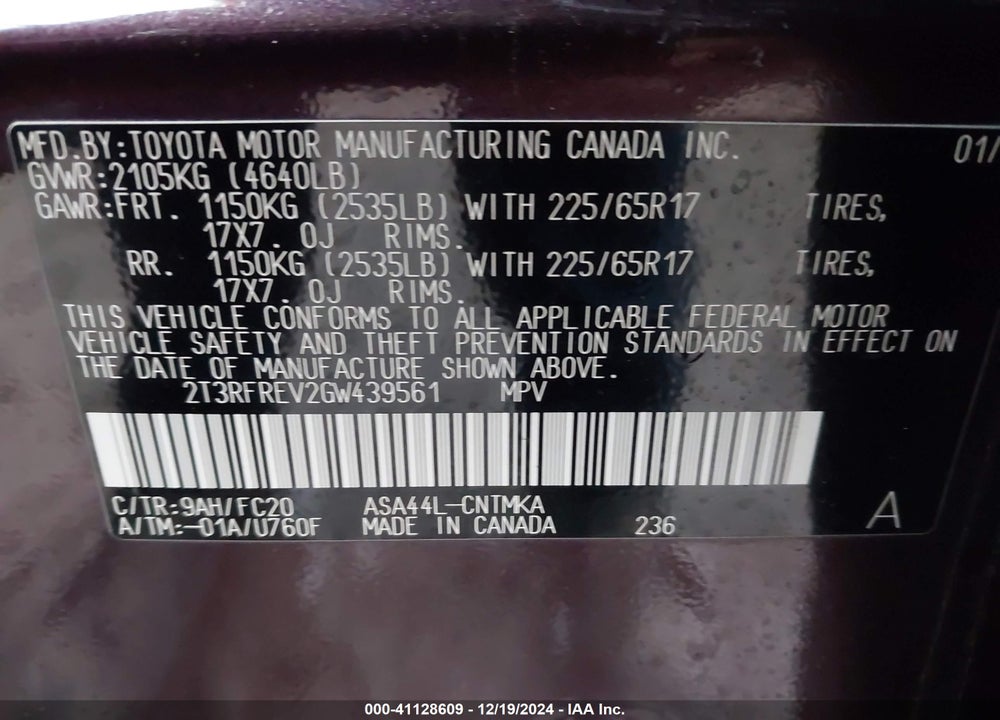 2016 TOYOTA RAV4 XLE VIN: 2T3RFREV2GW439561