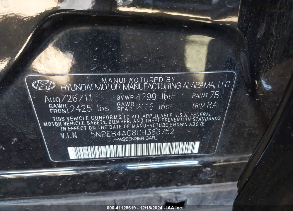2012 HYUNDAI SONATA GLS VIN: 5NPEB4AC8CH363752