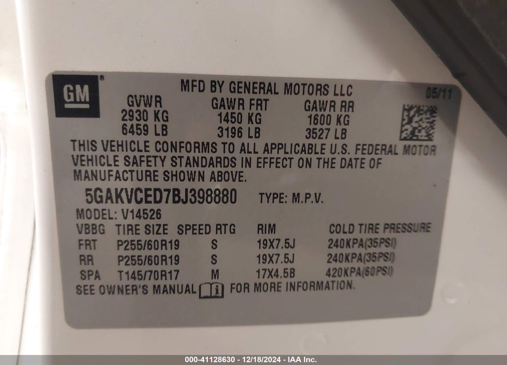 2011 BUICK ENCLAVE 2XL VIN: 5GAKVCED7BJ398880