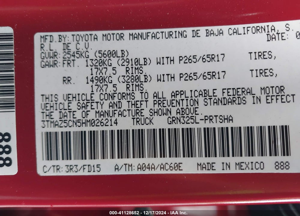 2017 TOYOTA TACOMA VIN: 3TMAZ5CN5HM026214