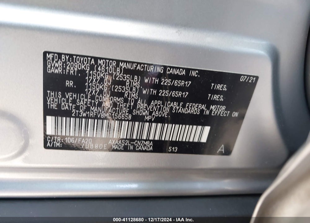 2021 TOYOTA RAV4 XLE VIN: 2T3W1RFV8MC156658