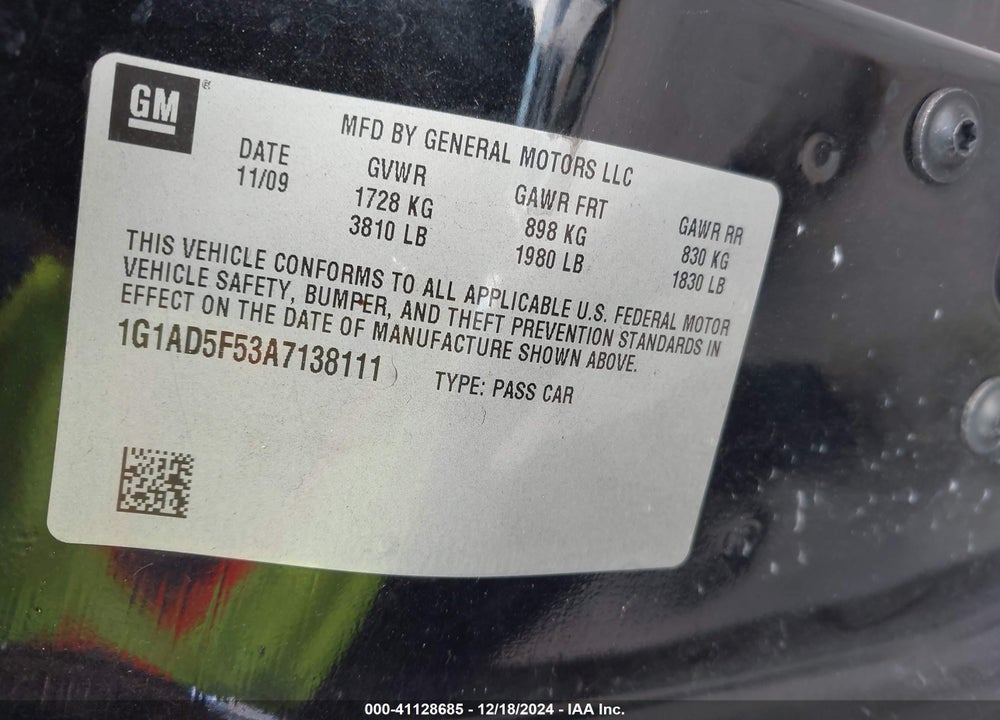 2010 CHEVROLET COBALT VIN: 1G1AD5F53A7138111