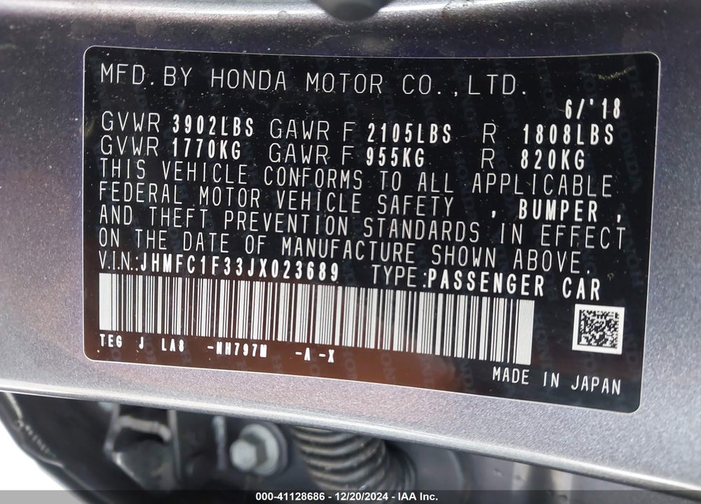 2018 HONDA CIVIC VIN: JHMFC1F33JX023689
