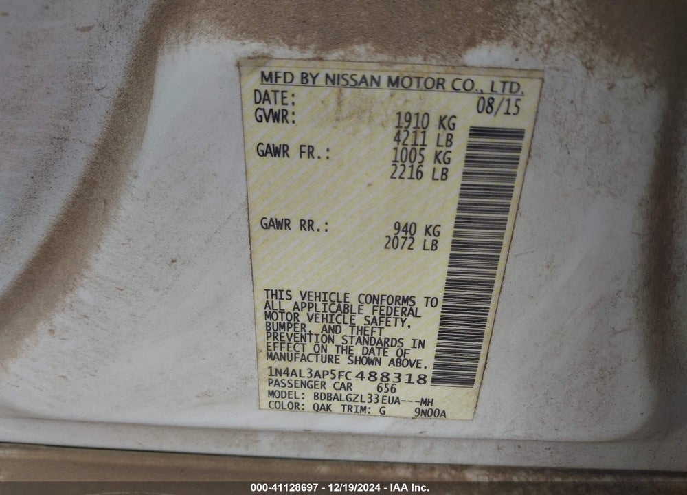 2015 NISSAN ALTIMA 2.5 S VIN: 1N4AL3AP5FC488318
