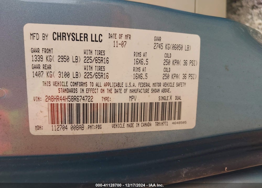 2008 CHRYSLER TOWN & COUNTRY LX VIN: 2A8HR44H58R674722