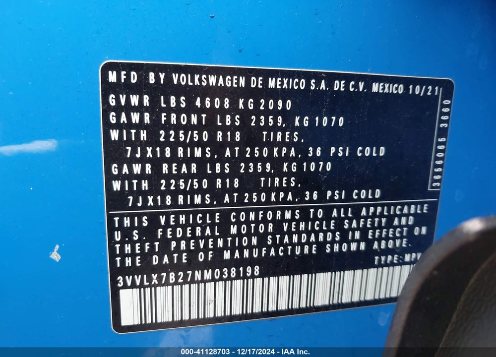 2022 VOLKSWAGEN TAOS 1.5T SE VIN: 3VVLX7B27NM038198