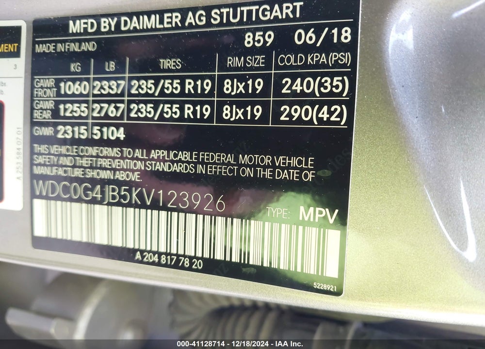 2019 MERCEDES-BENZ GLC 300 VIN: WDC0G4JB5KV123926